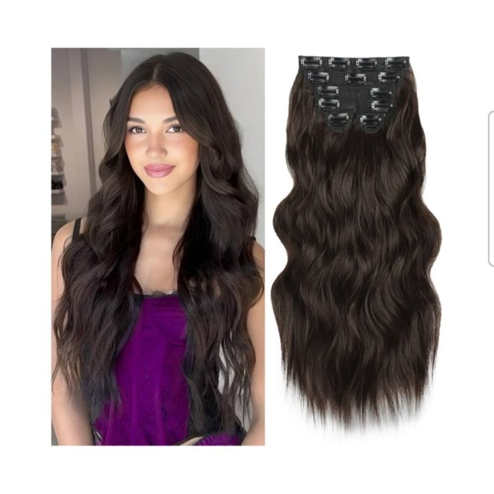 Vigorous Womens 20" Dark Brown Wavy Clip-In Hair Extensions 6 Pcs Set Synthetic